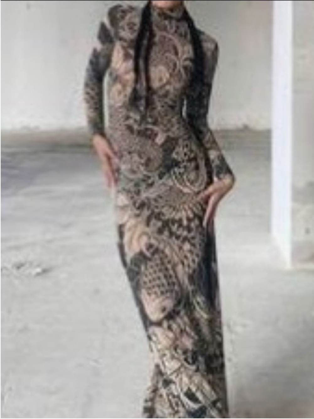 Long Sleeve High Neck Printed Maxi Dress - Black & Tan